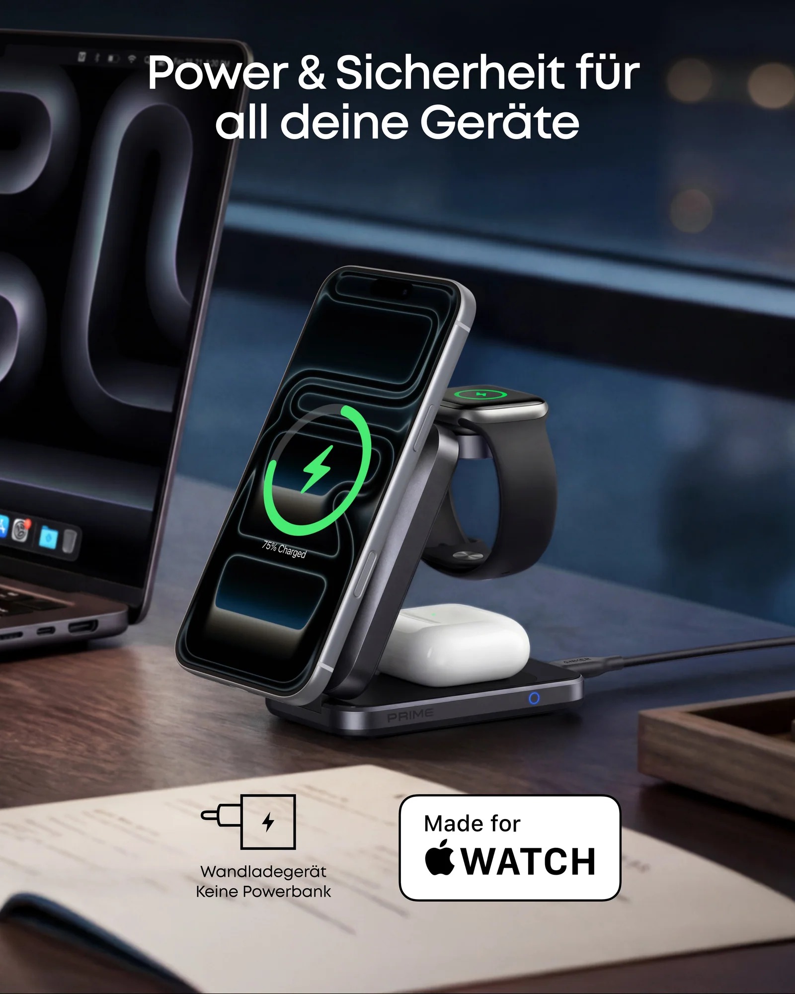 Statie de incarcare wireless 3 in 1 Anker, Prime, 45W, portabil, pliabil, fast charge, pentru iPhone seriile 12-17, Apple Watch, AirPods,exceptie iPhone 17 Air, 1 x USB-C incarcare, gri, "B25N1G11" - 0194644321809 - imagine 8