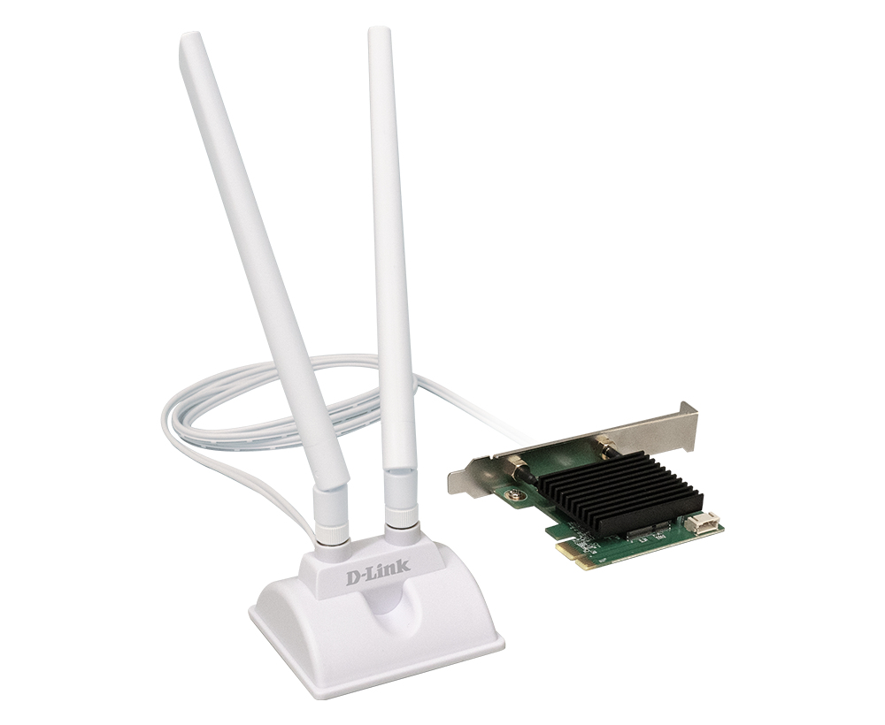 ADAPTOR RETEA D-LINK AX3000 Wi-Fi 6, dual band extern wireless 2.4 GHz | 5 GHz, Bluetooth 5.3, PCIe port, 3000 Mbps, 2 x antene externe, "AX30E" (timbru verde 0.18 lei)