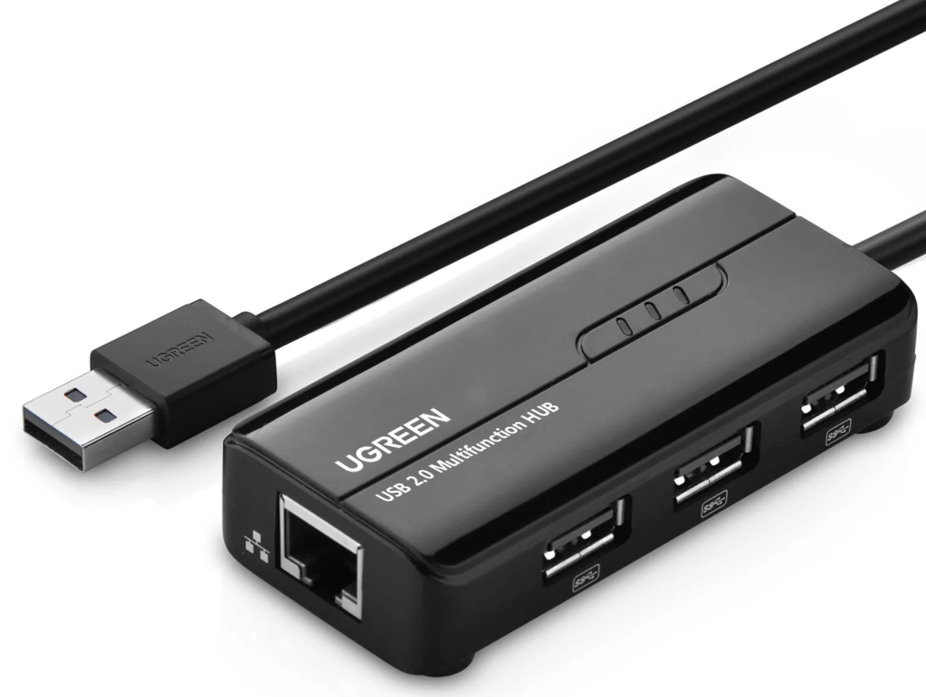 ADAPTOR RETEA Ugreen, "20264" extern, USB 2.0 (T) la port RJ-45 10/100 Mbps, porturi USB: USB 2.0 x 3, LED, negru "20264" (timbru verde 0.18 lei) - 6957303822645