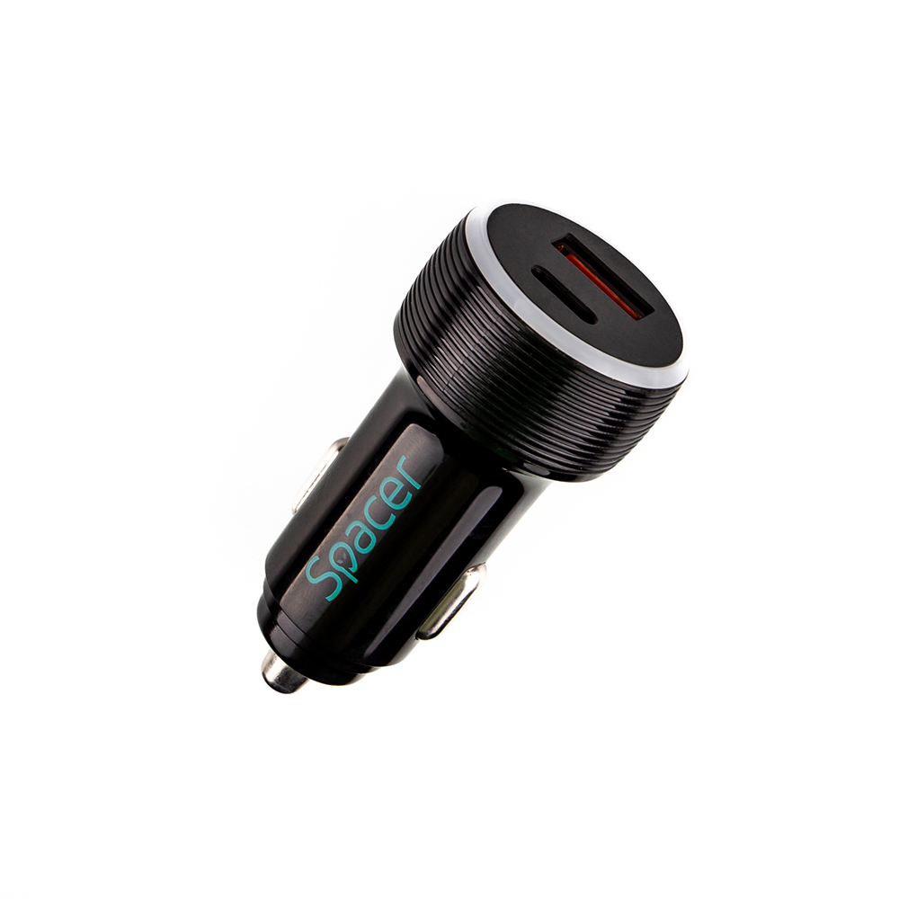 ALIMENTATOR auto SPACER Quick Charge 17W 3.1A max, putere totala 17W, LED ambiental, 1 x USB + 1 x USB Type-C, pt. bricheta auto, black, "SPCC-DUOQ-01" (timbru verde 0.18 lei)