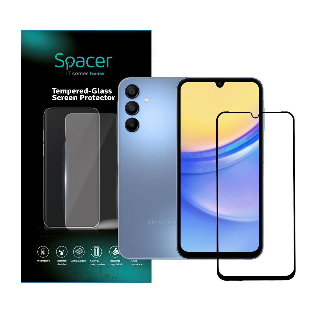 FOLIE STICLA Spacer pentru Samsung Galaxy A15, grosime 0.3mm, acoperire totala ecran, strat special anti-ulei si anti-amprenta, Tempered Glass, sticla 9D, duritate 9H "SPPG-SM-GX-A15-TG"