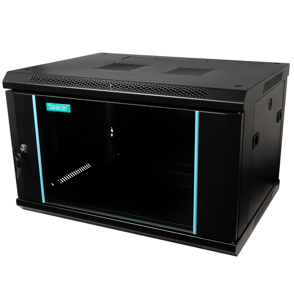 CABINET 19" SPACER 6U 600x450mm, fixare pe perete, Flatpack (dezasamblat), Black, usa sticla cu blocare, panouri detasabile, otel 1.5mm, sarcina maxima 60Kg, "SPCW-6U-450-BK-03"