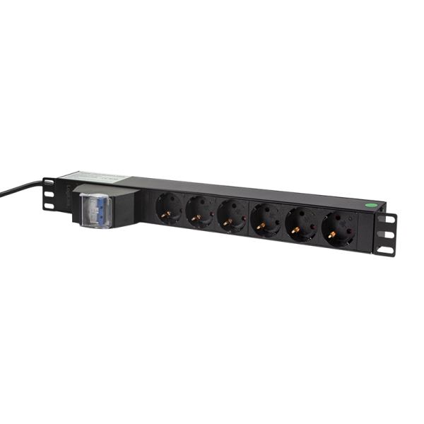 PDU LOGILINK 1U pt. rack 19 inch, 6 prize Schuko, intrare Schuko, max 16 A, circuit intrerupere 2 poli, 2 m, "PDU6C02" (timbru verde 0.8 lei)
