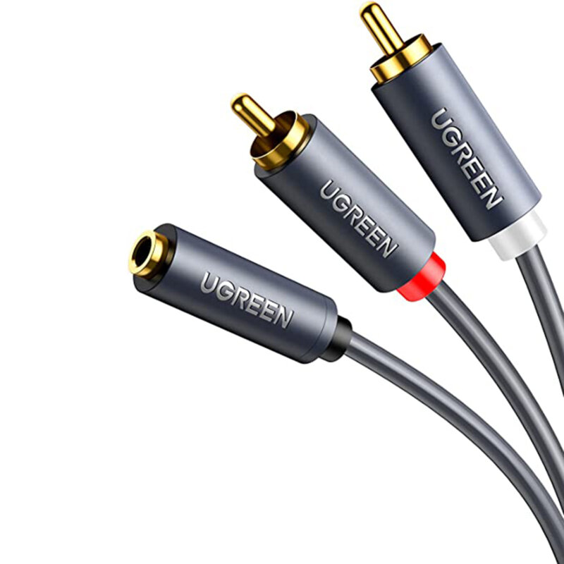 CABLU audio Ugreen, "AV102" stereo 3.5 mm jack (M) la 2 x RCA (T), 1m, conectori auriti, gri "10588" (timbru verde 0.18 lei) - 6957303815883