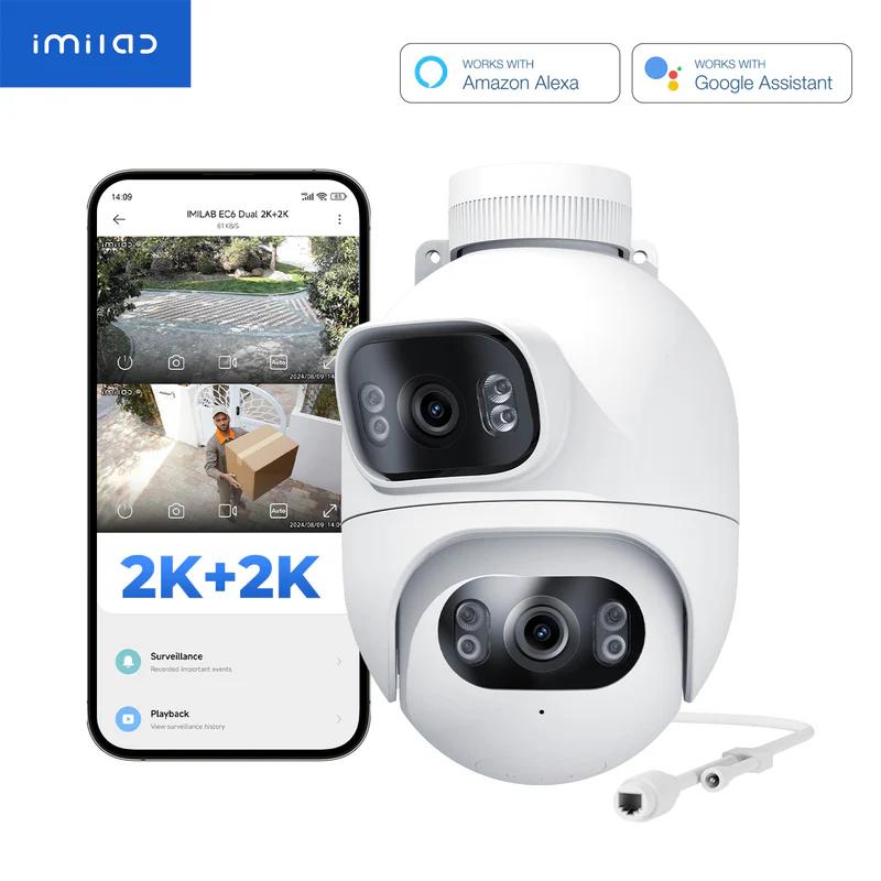 CAMERA IP Exterior Imilab, supraveghere 360 grade, 2K+2K, 2048x1080, IP66, dist. IR 30 m, 3 Mpx, RJ-45 + wireless, microfon, sirena, carcasa plastic, slot SD card da, "EC6 dual (2x2K)" (timbru verde 0.8 lei)