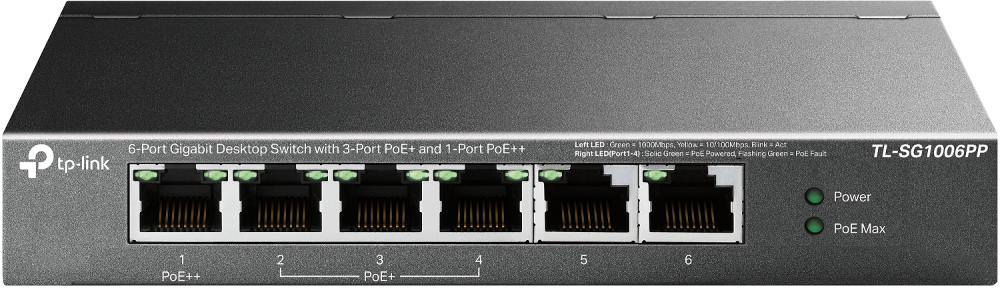 SWITCH PoE TP-LINK, 6 porturi Gigabit (1-Port PoE++ si 3 PoE+), IEEE 802.3af/at/bt, buget PoE 64W maxim, carcasa metalica "TL-SG1006PP" (timbru verde 2 lei)