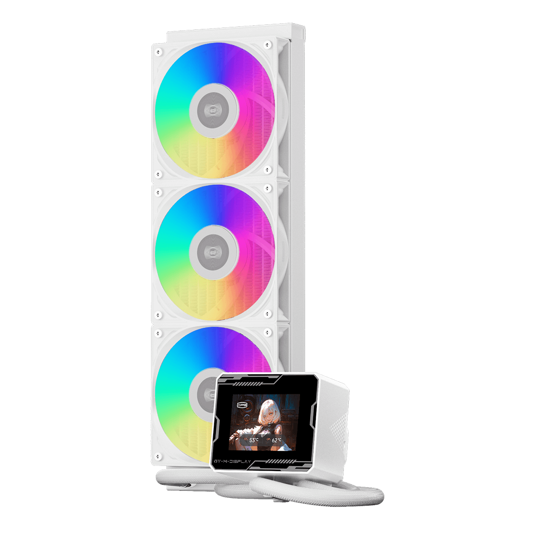 COOLER PCCooler "GT360M ARGB Display", skt. Intel si AMD, racire cu lichid, 3 x 120mm, viteza rotatie pompa 2600 RPM, 3000 RPM, ARGB adresabil, alb "GT360M ARG Display WH" (timbru verde 2.00 lei)