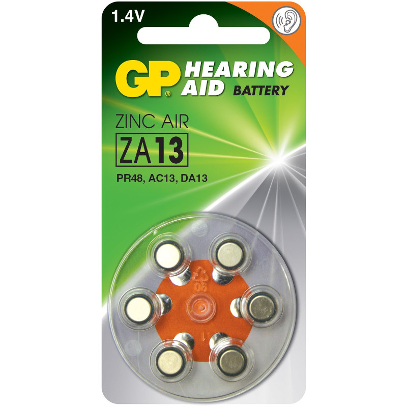 Baterie GP Batteries, aparat auditiv (ZA13) 1.45V zinc-aer, blister 6 buc. "GPZA13F-9D6" "GPPBZZ13F000" (timbru verde 0.06 lei)