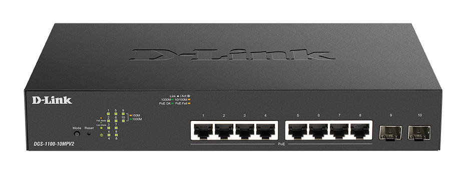 SWITCH D-LINK POE SMART, 8 porturi RJ-45 Gigabit + 2 porturi SFP Gigabit, POE max 130W, carcasa metalica, "DGS-1100-10MPV2" (timbru verde 2 lei)