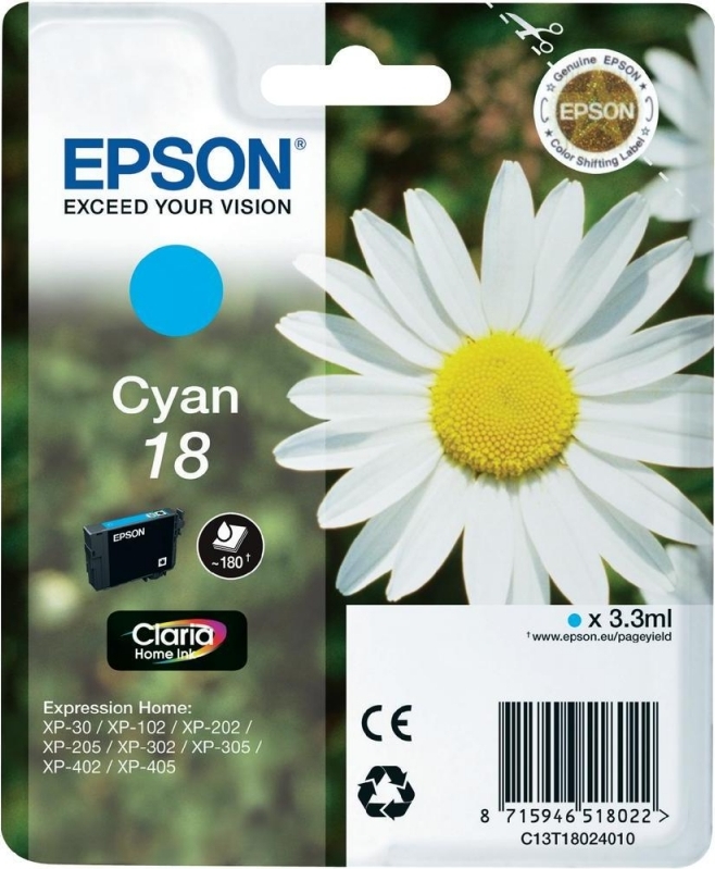 Cartus Cerneala Original Epson Cyan, T1802, pentru XP102|202|205|302|305|402|405, , (timbru verde 0.15 lei), "C13T18024010"