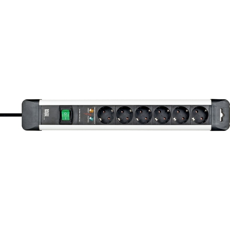PRELUNGITOR Bachmann, Schuko x 6, conectare prin Schuko (T), cablu 5 m, protectie supratensiune | protectie copii, negru | argintiu, "330.104-2" (timbru verde 0.18 lei)