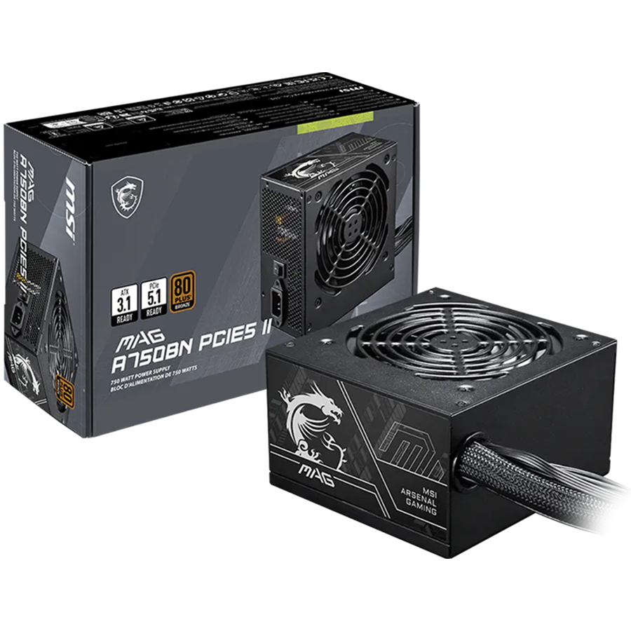 MSI MAG A750BN PCIE5 II, 750W, 80 Plus Bronze, 120mm Low Noise Fan, Protections: OVP/OCP/SCP/OPP/UVP, Dimensions: 140mmx150mmx86mm, 5Y Warranty"MAG_A750BN_PCIE5_II"
