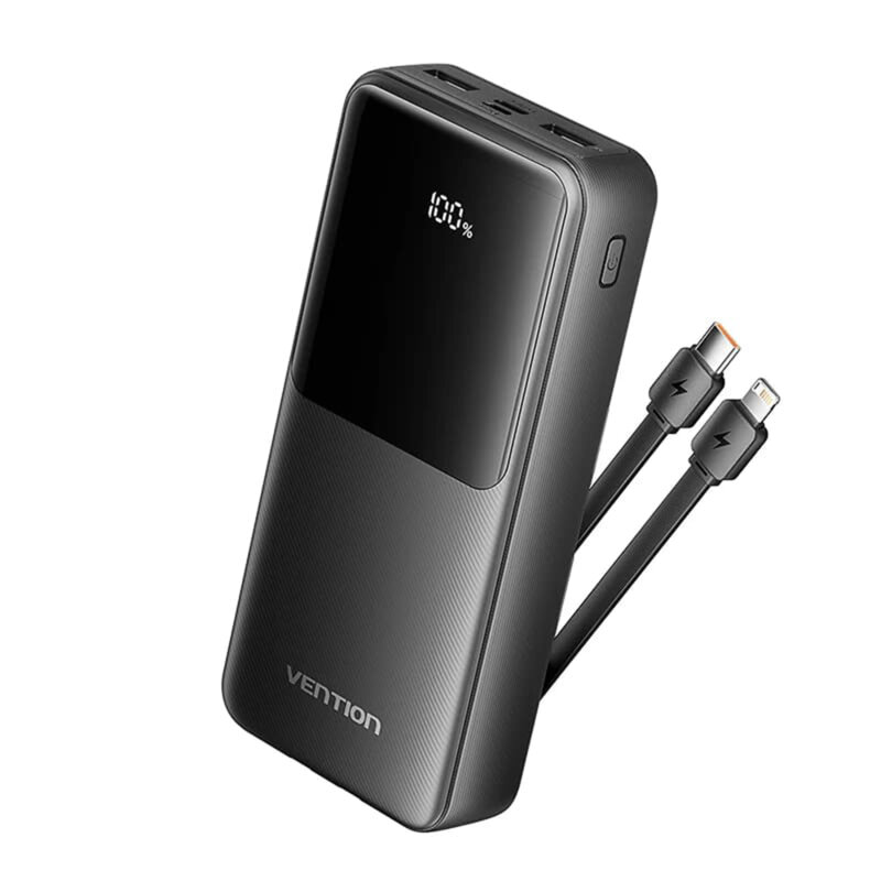 Power Bank Vention 20.000 mAh, 22.5W cablu USB-C si Lightining atasate, 2 x USB-A, 1 x USB-C, micro USB, afisaj LED, 315g, negru, "FHPB0" (timbru verde 0.98 lei) - 6922794784659