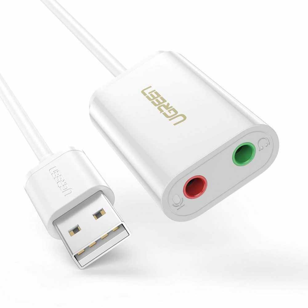 PLACA de SUNET Ugreen, "US205" extern, interfata USB 2.0, conectori 2 x jack 3.5 mm, alb "30143" (include timbru verde 0.18 lei) - 6957303831432