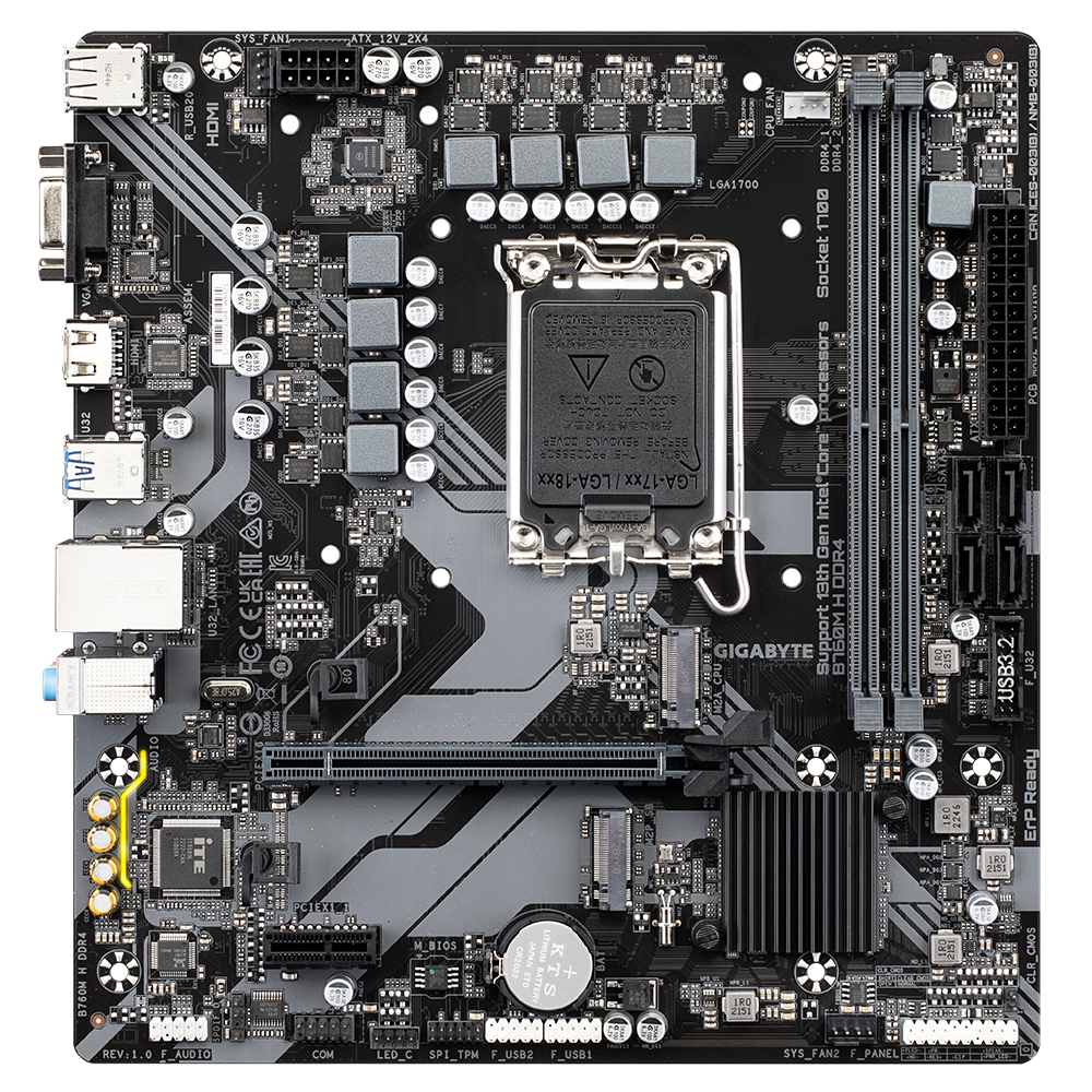 GIGABYTE Mainboard Desktop B760M H DDR4,LGA1700, 2xDDR4, 1xDSub, 1xHDMI, GLAN, 1x PCI Express x16 PCIe 4.0, 1x PCI Express x1 PCIe 3.0, 2xM.2, 4xSATAIII, 6xUSB3.2, 6x USB2.0, mATX "B760M H DDR4"