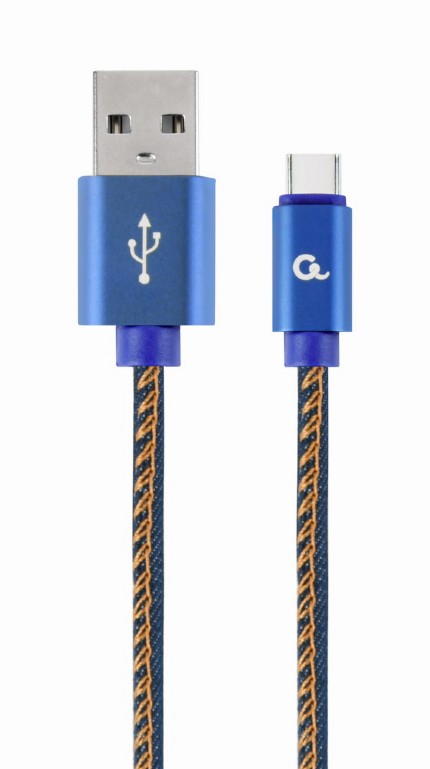 CABLU alimentare si date GEMBIRD, telefon, USB 2.0(T) la USB 2.0 Type-C(T),1m,premium,conectori auriti,impletit, negru (Jeans model), conetori albastri, "CC-USB2J-AMCM-1M-BL" (timbru verde 0.08 lei)