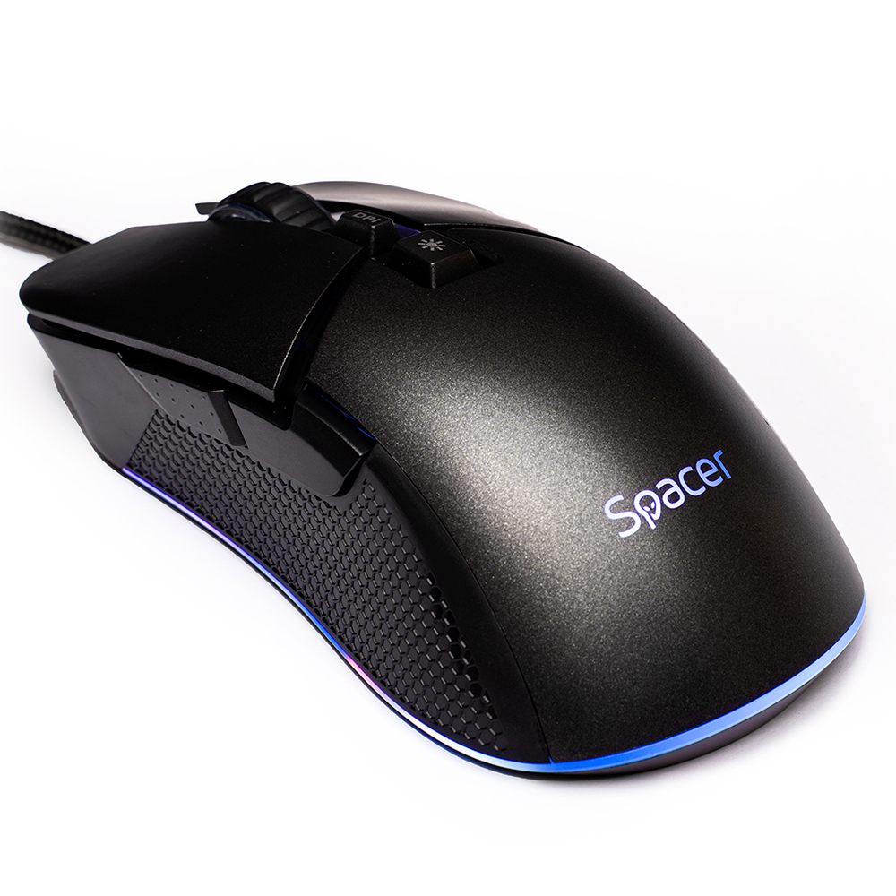 MOUSE Spacer - gaming, gaming, cu fir, USB, optic, rezolutie selectabila max. 8.000 dpi, butoane/scroll 7/1, iluminare RGB, negru, "SPGM-PULSAR-PRO" (timbru verde 0.18 lei)