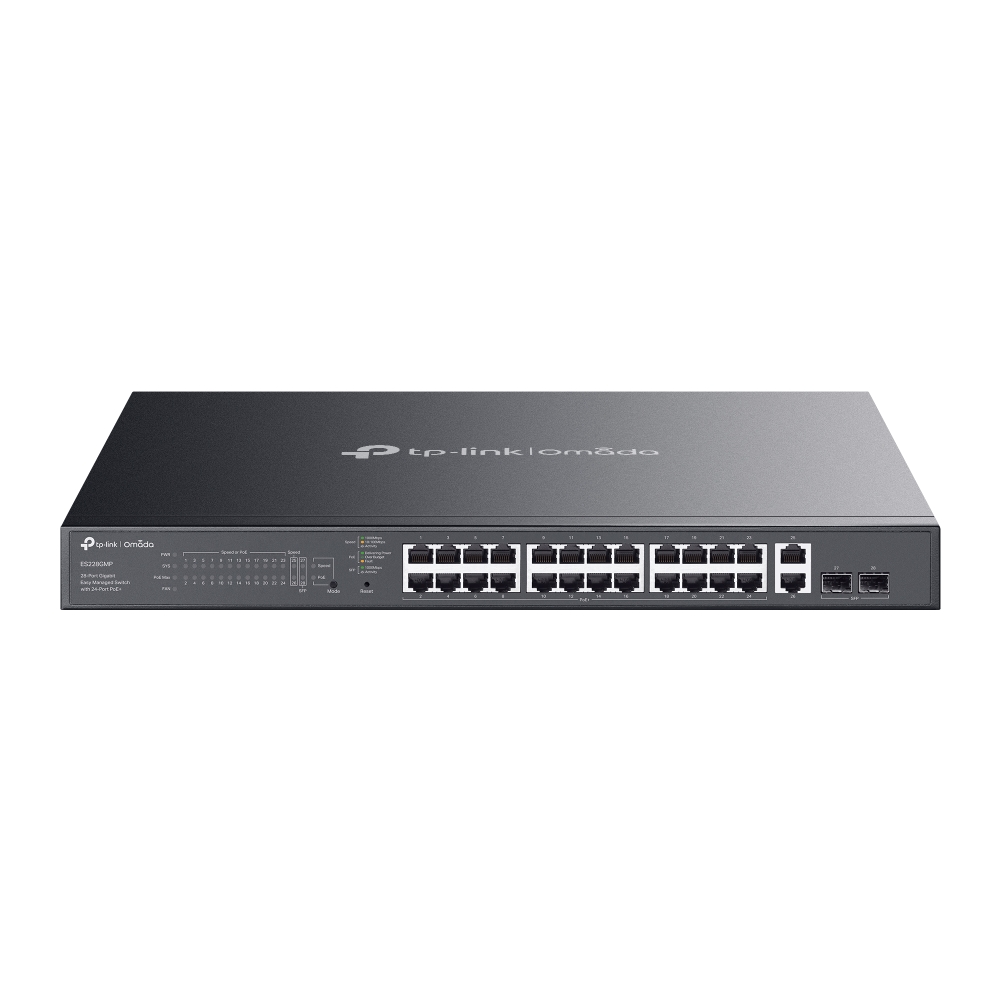 SWITCH TP-Link Easy Managed, Omada 28-Port Gigabit RJ-45 din care 24-Port PoE+, 2× Gigabit SFP, buget POE total 384W, metalic "ES228GMP" (timbru verde 2 lei)