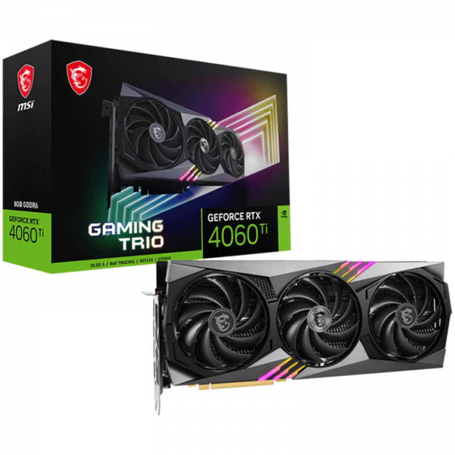 MSI Video Card Nvidia GeForce RTX 4060 Ti GAMING X TRIO 8G, 8GB GDDR6X, 128-bit, 2670 MHz, 4352 CUDA Cores, PCIe4.0, 3xDP, HDMI, Triple Fan, 550W Recomm PSU, 3Y "RTX_4060_TI_GAMING_X_TRIO_8G"
