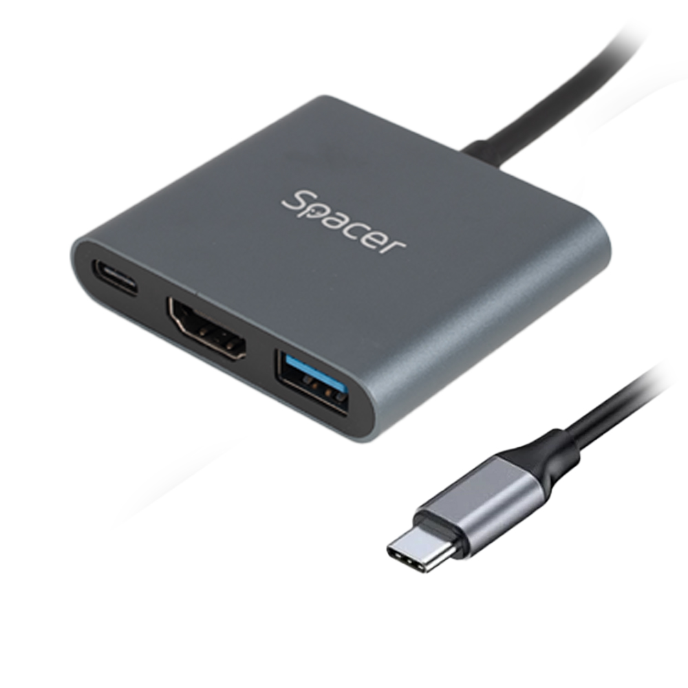 DOCKING Station Spacer universal 3 in 1, conectare Type-C USB 3.1, USB 3.0 x 1, porturi video HDMI x 1, 4K (30Hz), PD 87W, aluminiu, Gri, 45507058 "SPDS-TypeC-HUP-3in1" (timbru verde 0.18 lei)