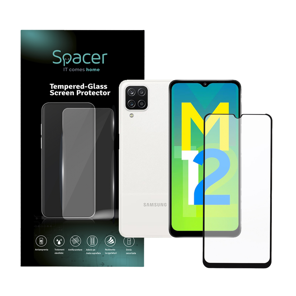FOLIE STICLA Spacer pentru Samsung Galaxy M12, grosime 0.3mm, acoperire totala ecran, strat special anti-ulei si anti-amprenta, Tempered Glass, sticla 9D, duritate 9H "SPPG-SM-GX-M12-TG"