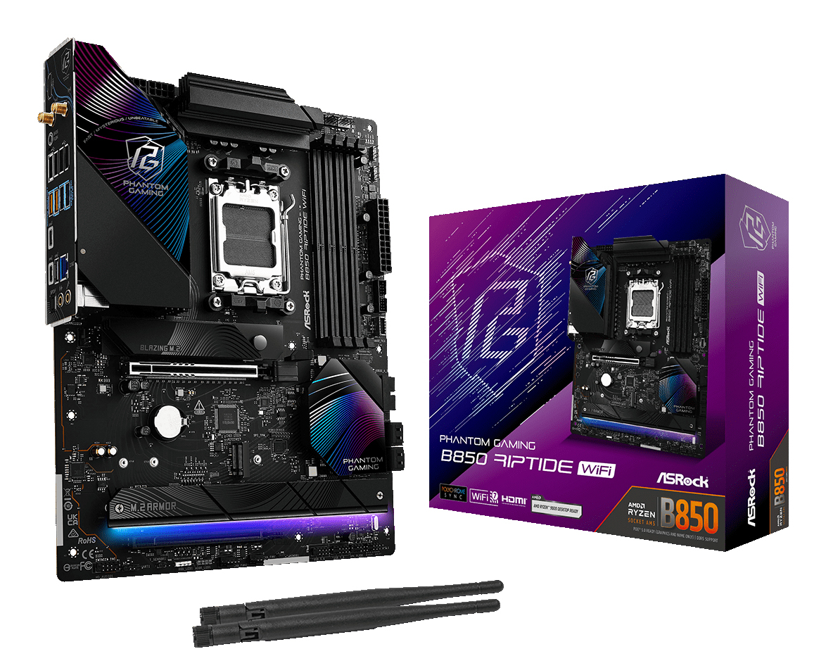 Placa de baza AsRock B850 Phantom Gaming Riptide Wi-Fi, Skt. AM5, WiFi, ATX, 4xDDR5, 4xSATA, 4xM.2, PCI-E 5.0 x 16, "90-MXBQT-A0UAYZ"