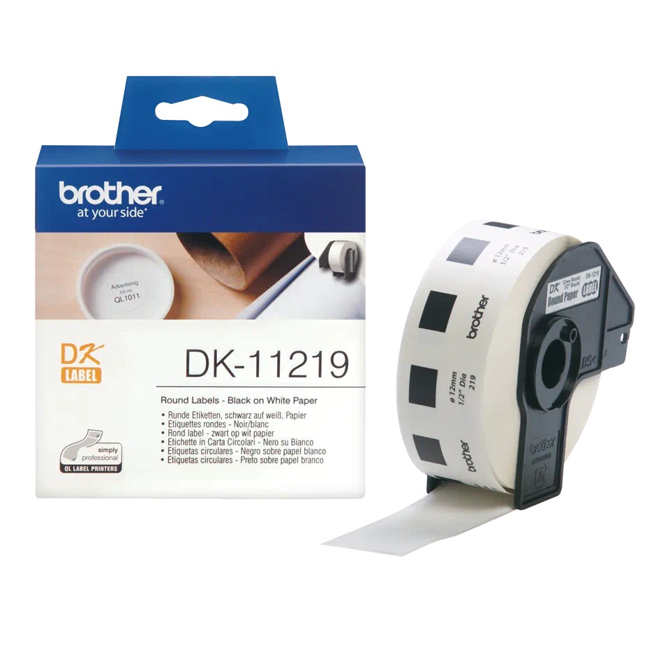 Etichete de hartie Original Brother Black on White, DK11219, pentru P-TOUCH QL-1100|QL-800|QL-810|QL-1050|QL-1060|QL-500|QL-560|QL-570|QL-580|QL-650|QL-700, 12x12mm, 1200buc, incl.TV 0 RON, "DK11219"