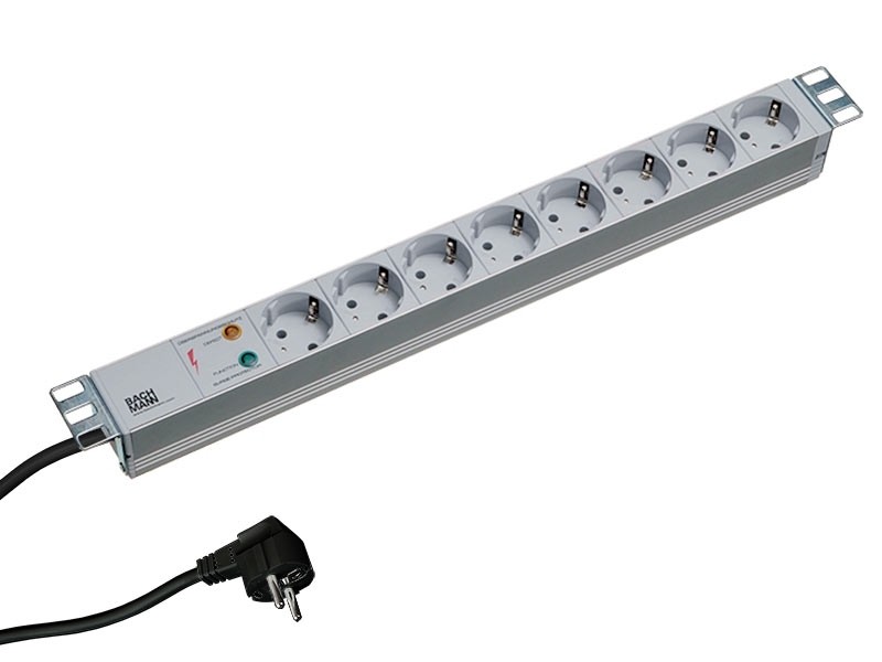 PDU BACHMANN, 1U pt. rack 19 inch, 8 prize Schuko, intrare Schuko, max 16 A, cablu 2 m, gri, "333.404" (timbru verde 4 lei)