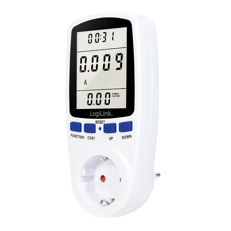 PRIZA LOGILINK, Schuko x 1, conectare prin Schuko (T), contor de cost energie, 16 A, afisaj energie / putere / tarif cost, baterie incorporata, alb, "EM0003" (timbru verde 0.18 lei)