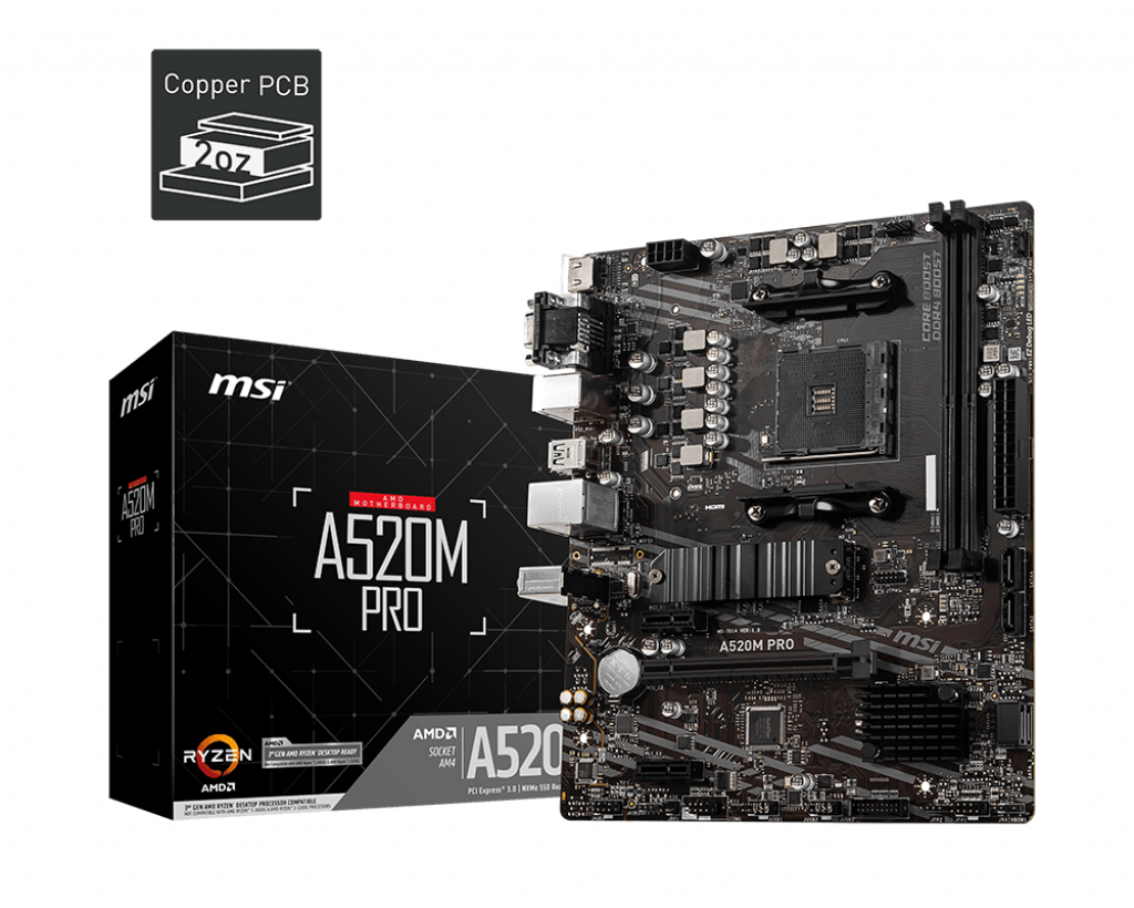 PLACA de BAZA MSI "A520M PRO", skt AM4, mATX, AMD A520, 2 x DDR4, max. 64 GB, 4 x SATA, 1 x M.2, 7.1, "A520M PRO"