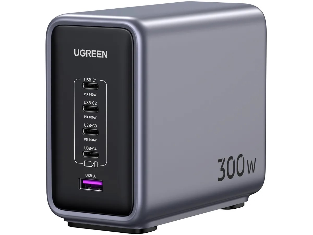INCARCATOR RETEA UGREEN, "CD333" 300W GaN Nexode Desktop Charger PD3.1, 4 x USB Type-C, 1 x USB, lungime cablu 2m, gri "90903B" (include timbru verde 2 lei)