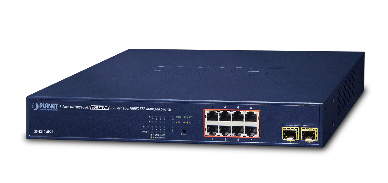 NET SWITCH 8PORT 1000M POE+/GS-4210-8P2S PLANET "GS-4210-8P2S" (timbru verde 2 lei)