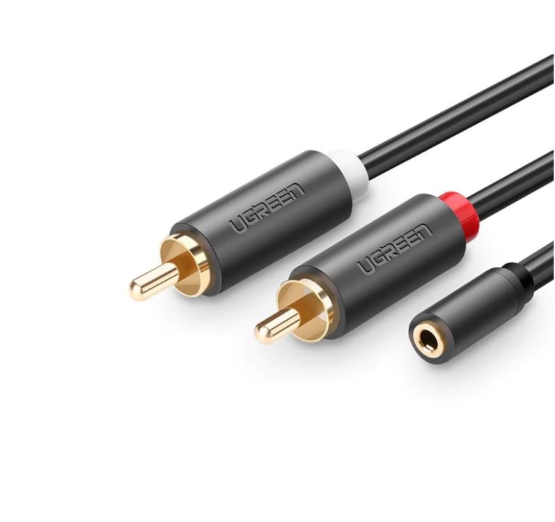 CABLU audio Ugreen, "AV102" stereo 3.5 mm jack (M) la 2 x RCA (T), 0.25m, conectori auriti, gri "10561" (timbru verde 0.18 lei) - 6957303815616