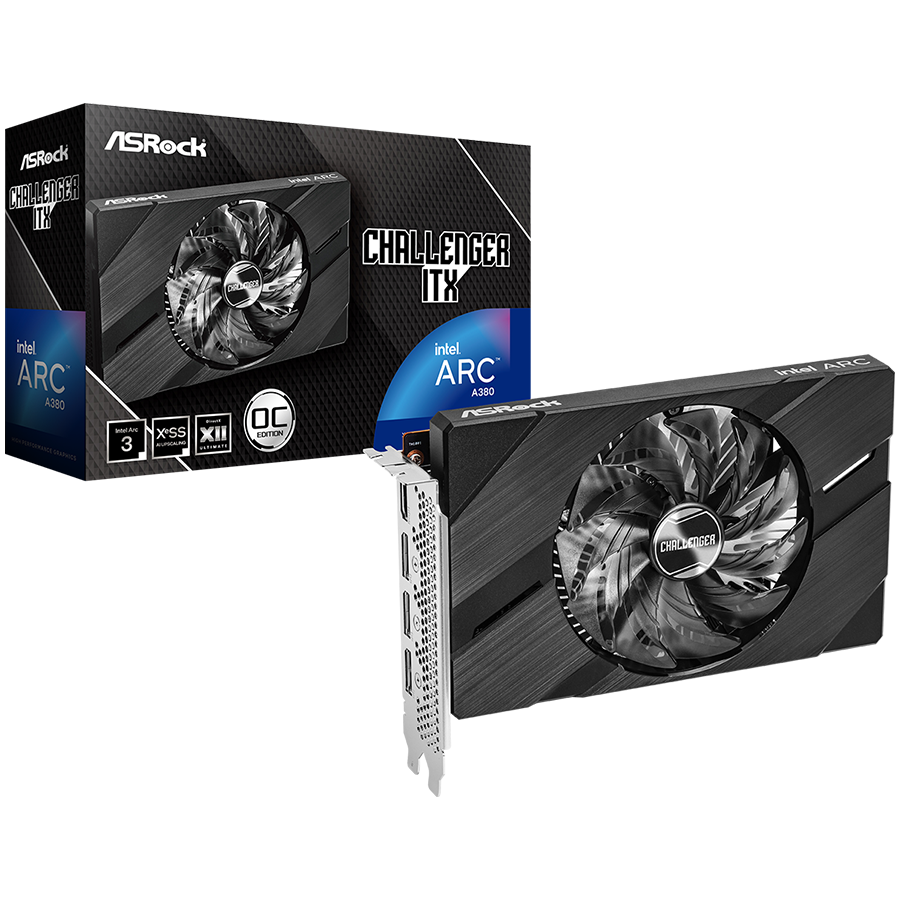 Asrock Intel Arc A380 Challenger ITX 6GB OC, GDDR6, 96-bit, 1x HDMI 2.0b, 3x DP 2.0, 1x 8-pin Pwr connector, 500W. "A380 CLI 6GO"