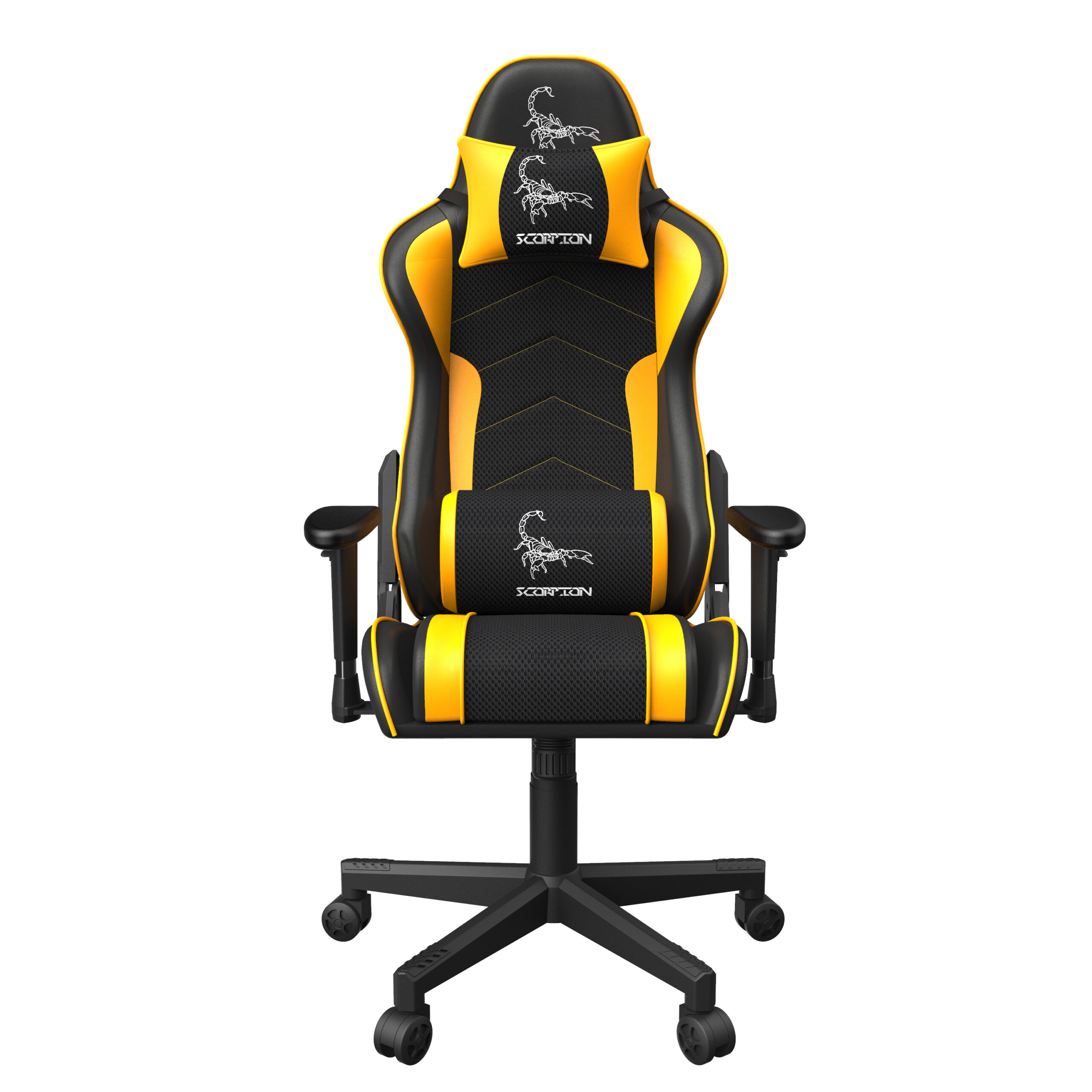 SCAUN GAMING GEMBIRD, ergonomic, reglabil inaltime, rotatie 360 gr, black & yellow, brate ajustabile, greutate max. 136kg, perna tetiera, perna lombara, dimensiuni 52*80*125~133.5cm "GC-SCORPION-05X"