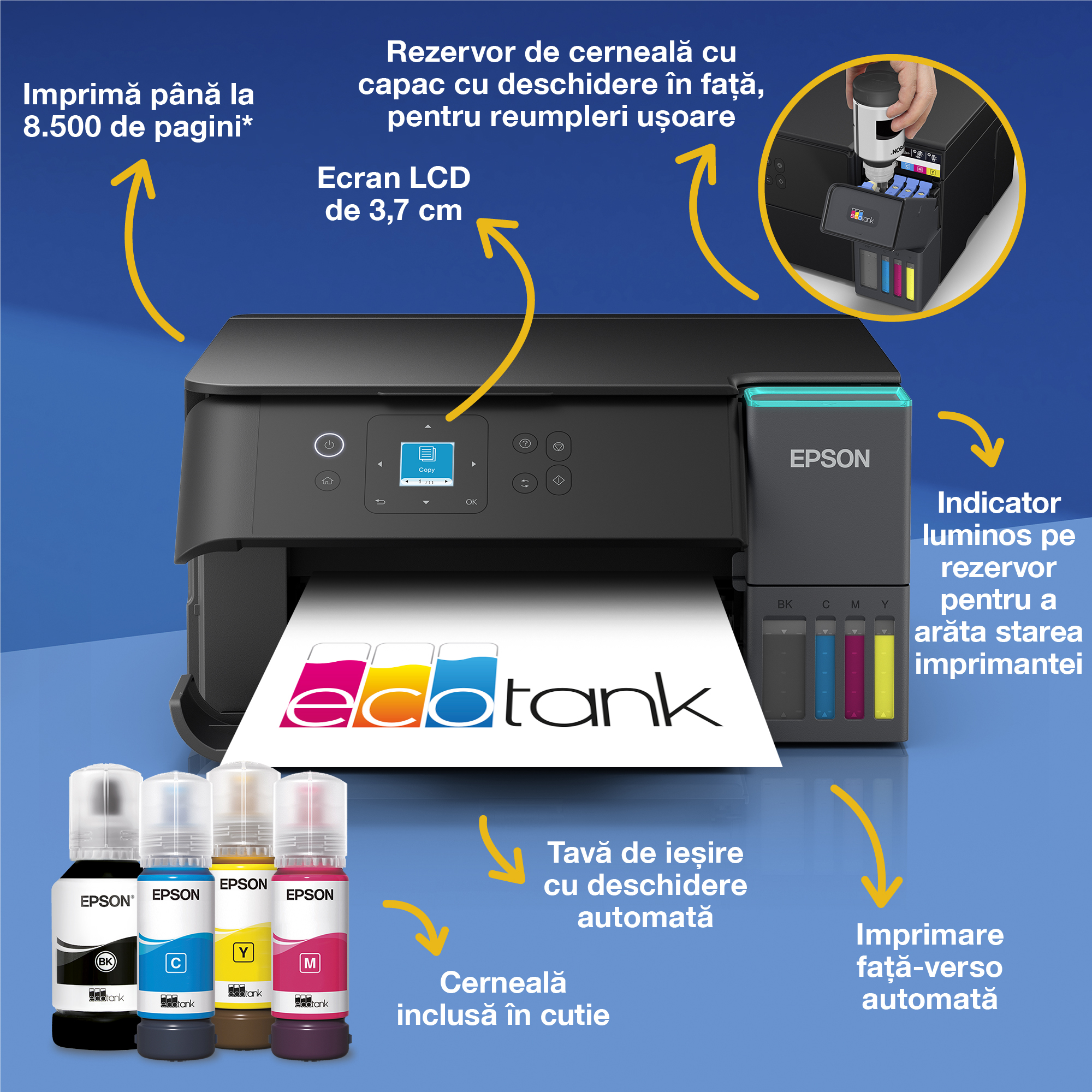 Multifunctional Inkjet CISS Color Epson L4360, A4, Functii: Impr.|Scan.|Cop., Viteza de Printare Monocrom: 33 ppm, Viteza de printare color: 20ppm, Conectivitate:USB|WiFi, Duplex:Da, ADF:Nu "C11CL41408" - imagine 7