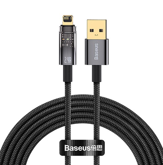 CABLU alimentare si date Baseus Explorer, Fast Charging Data Cable pt. smartphone, USB la Lightning 2.4A, 2m, Auto Power-Off, negru transparent "CATS000501" (timbru verde 0.18 lei) - 6932172605773