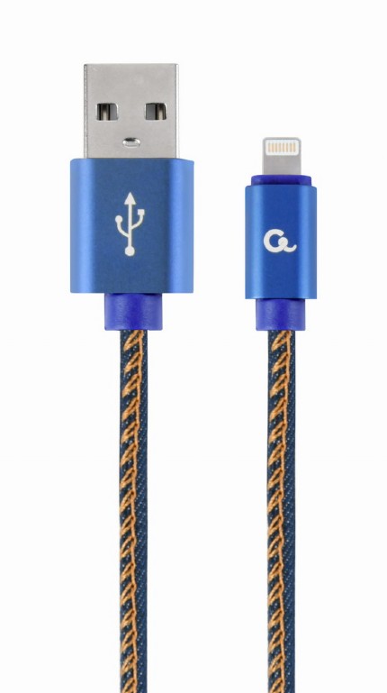 CABLU alimentare si date GEMBIRD, pt. smartphone,USB 2.0(T) la Lightning(T),1m,premium,conectori auriti,impletire din bumbac,negru,conetori albastri, "CC-USB2J-AMLM-1M-BL" (timbru verde 0.08 lei)