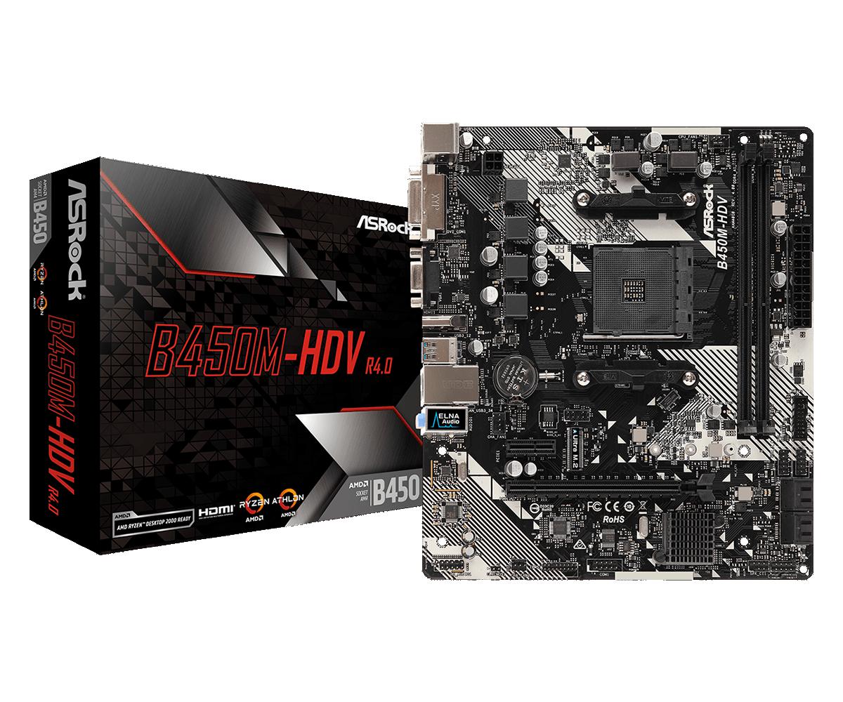 Placa de baza ASROCK AMD B450M-HDV R4.0, B450M-HDV R4.0, 2 DIMMs, Supports DDR4 3200+, 1 PCIe 3.0 x16, 1 PCIe 2.0 x1, 6 USB 3.1 Gen1 (2 Front, 4 Rear), Micro ATX Form. "B450M-HDV R4.0"