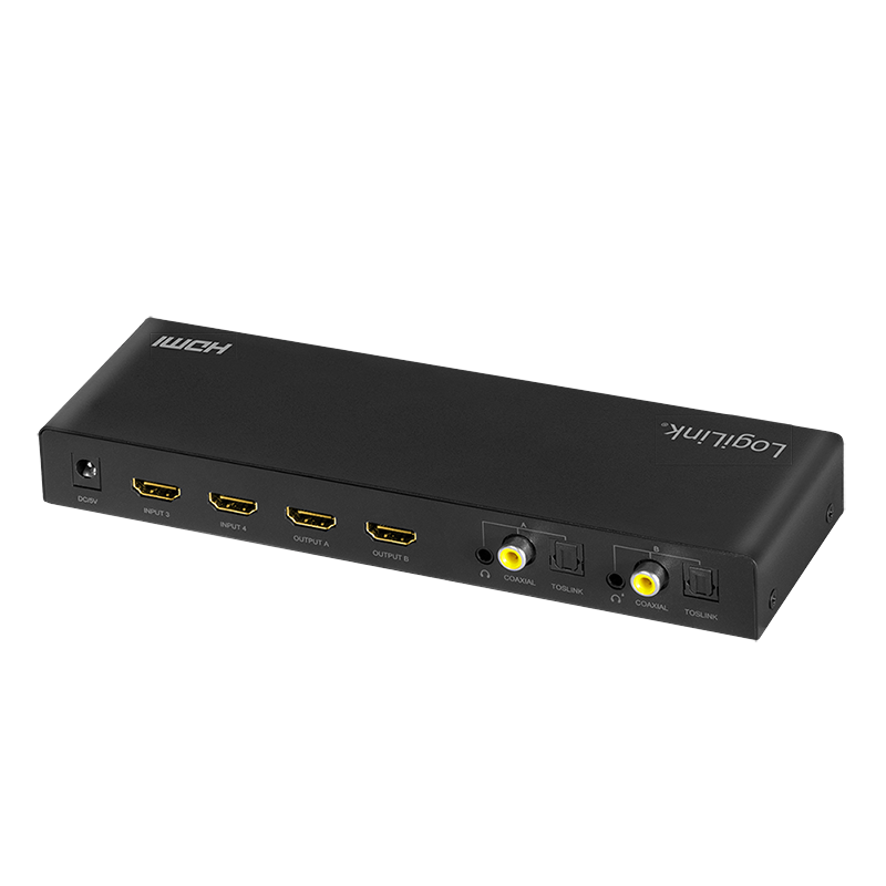 SWITCH video LOGILINK, 4 x 2 port, Input: HDMI (M) x 4, Output: HDMI (M) 2.0 x 2, Coaxial x 2, Toslink x 2, 3.5mm x 2, rezolutie maxima 4K (3840 x 2160) la 60 Hz, negru, "HD0049" (timbru verde 0.8 lei)