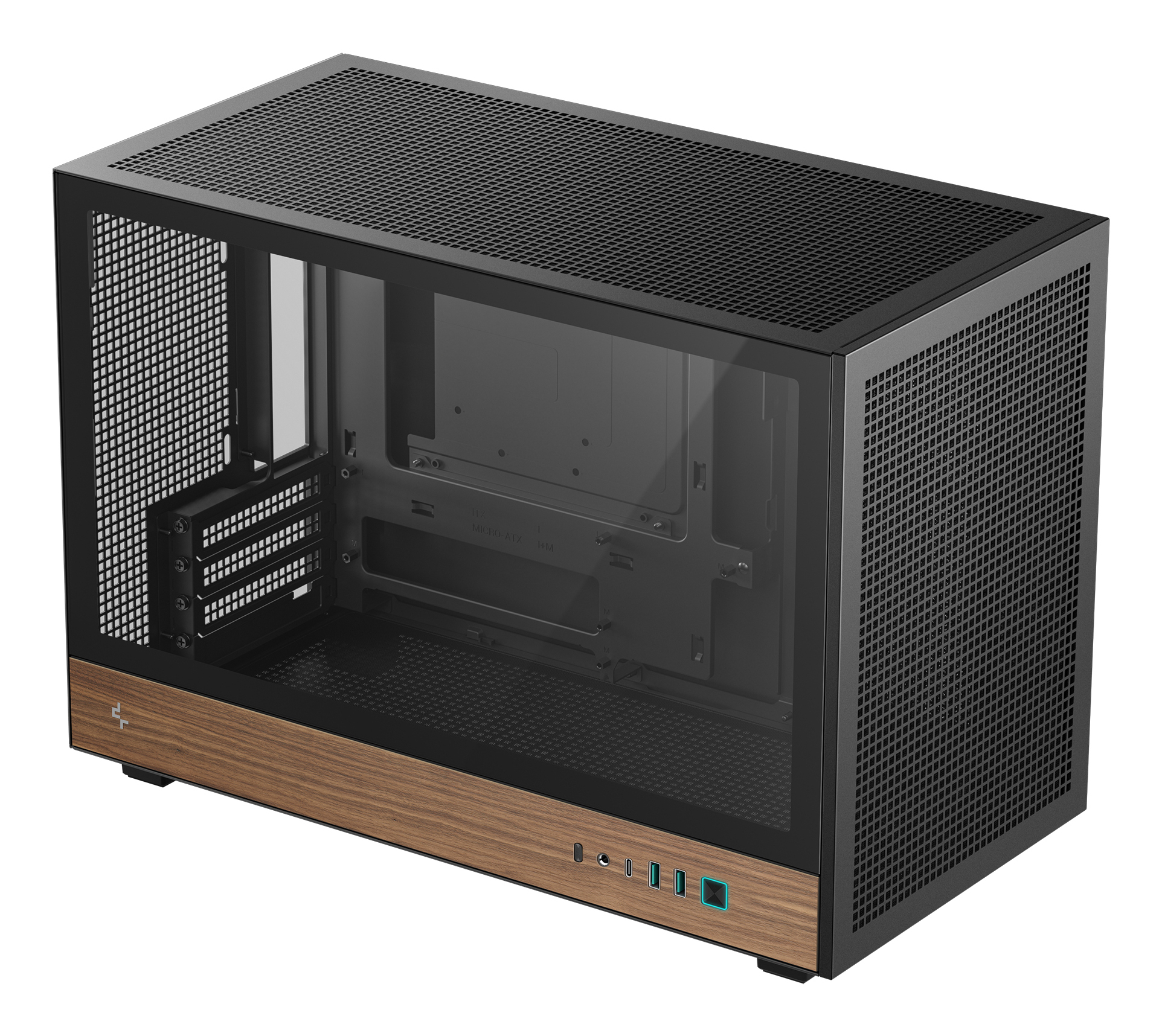 CARCASA DeepCool "CH260 WOOD", mini tower, gaming, fara sursa, suporta 6xfan, PSU shroud, USB Type-C x 1, USB 3.1 gen1 x 2, audio+mic, 4 sloturi expansiune, negru, "R-CH260-BKNWM0-G-1"