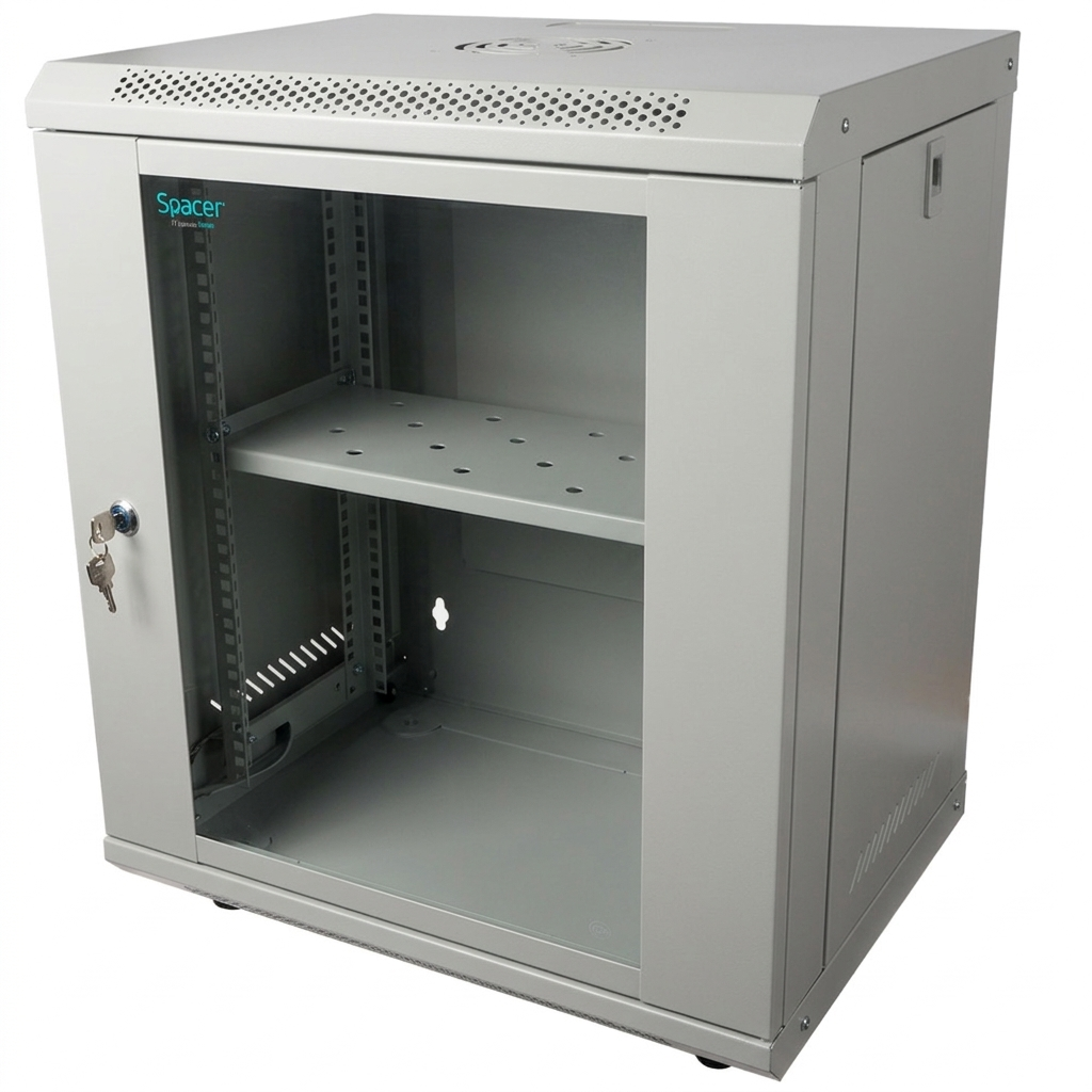 CABINET 19" SPACER 12U 500x450mm, fixare pe perete, Flatpack (dezasamblat), Grey, usa sticla cu blocare, panouri detasabile, otel 1mm, sarcina maxima 25Kg, contine un raft si roti, "SPCW-12U-450-GR-02"