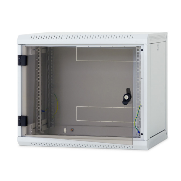 TRITON RACK de PERETE 9U 500mm usa sticla panouri laterale detasabile,sectiuni acces cabl sus/jos/spate securizare cu cheie,1 pereche montanti reglabili,tabla galvanizata IP30 gri "RUA-09-AS5-CAX-A1"