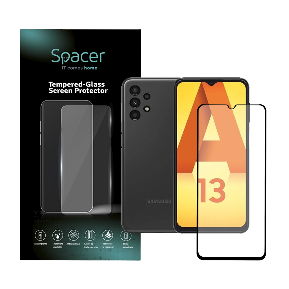 FOLIE STICLA Spacer pentru Samsung Galaxy A13, grosime 0.3mm, acoperire totala ecran, strat special anti-ulei si anti-amprenta, Tempered Glass, sticla 9D, duritate 9H "SPPG-SM-GX-A13-TG"