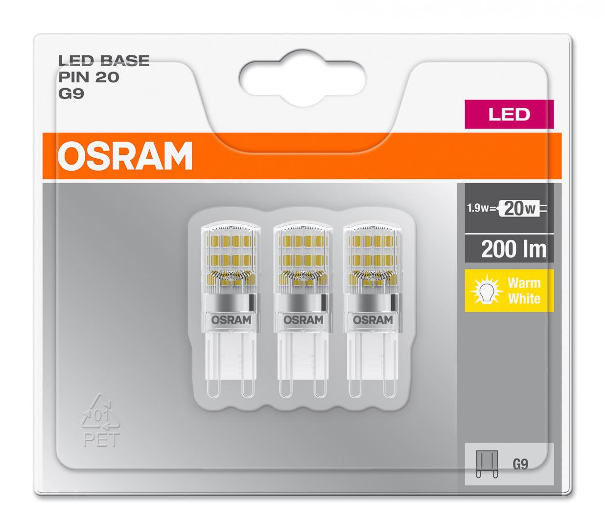 SET 3 becuri LED Osram, soclu G9, putere 1.9W, forma plat, lumina alb calda, alimentare 220 - 240 V, "000004058075093874" (timbru verde 1.35 lei)