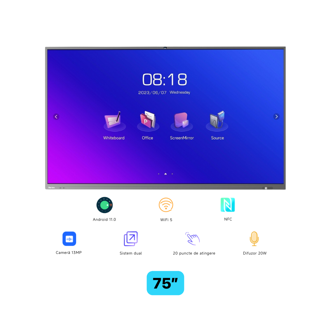 Ecran interactiv HORION 75M5APro, 75 inch, 8GB DDR4 + 64GB Standard, MT9950, ARM A73 "HO-75M5APRO" (timbru verde 15 lei)