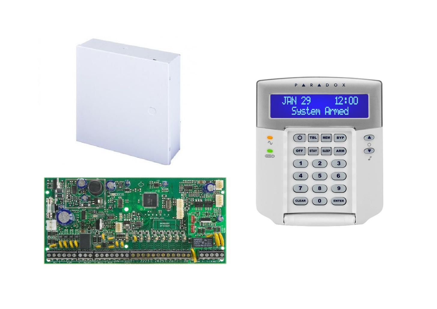 CENTRALA alarma PARADOX, panou control SP6000; 8 intrari de zona sau 16 cu ATZ, extensibila la 32 zone; extensibila la 16 iesiri PGM #> (2 pe placa); trigger PGM +/; intrare pentru detectori de fum, pe 2 fire, "SP6000+CUT+K32LCD"