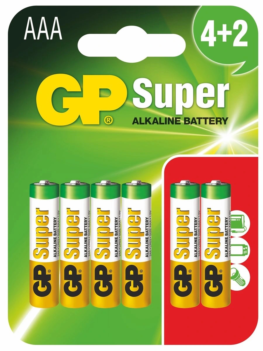 Baterie GP Batteries, Super Alcalina AAA (LR03) 1.5V alcalina, blister 6 buc. "GP24A4/2-2UE6" "GPPCA24AS065" - 333586 (timbru verde 0.48 lei)