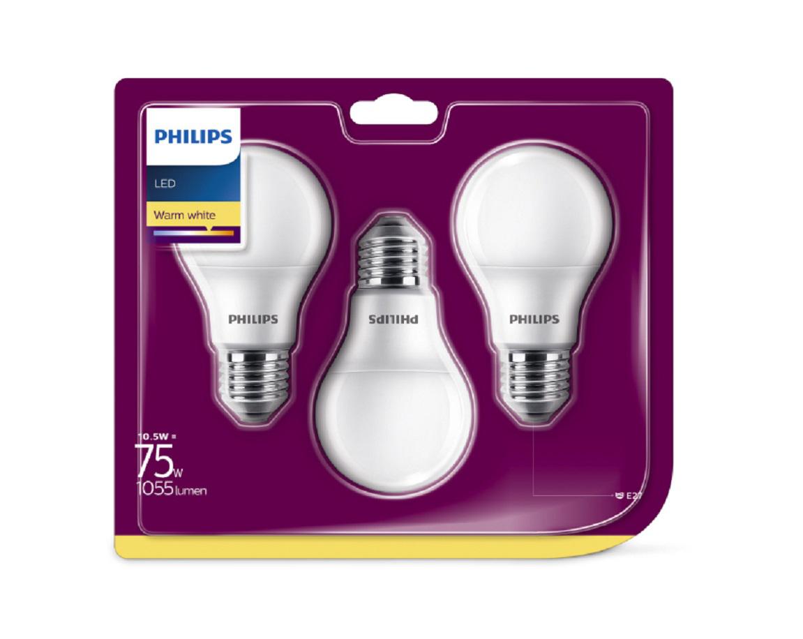SET 3 becuri LED Philips, soclu E27, putere 10.5W, forma clasic, lumina alb calda, alimentare 220 - 240 V, "000008718699616045" (timbru verde 1.35 lei)