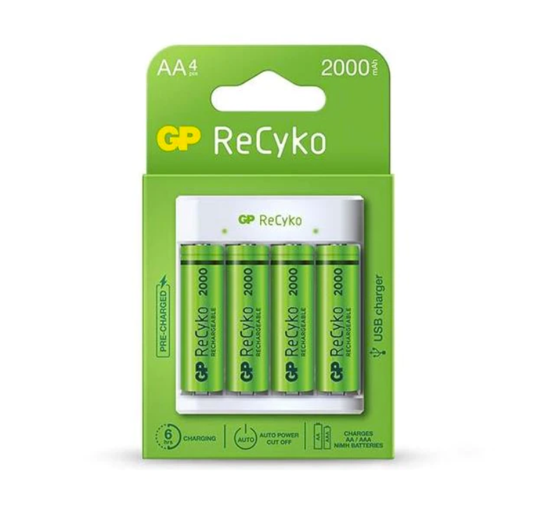 Incarcator GP Batteries, Recyko compatibil NiMH (AA/AAA), include 4 x 2100 mAh AA (R6), incarcare USB, 2 LED-uri indicare incarcare, "GPE411210AAHC-2B4" "GPACSE411001" (timbru verde 0.8 lei)